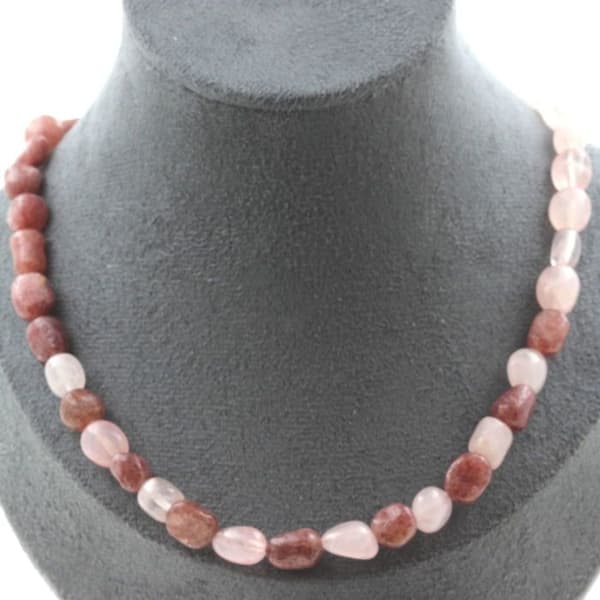 Halsband - ABIJOUX - Rosenkvarts och Rubin från Brasilien - Rostfritt stål - 45 cm - Unisex