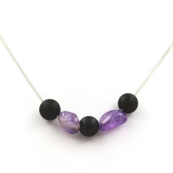 Collier - Ett smycke - Matt svart onyx 8 mm - Amethyst från Brasilien - Rostfritt stål - Båda könen