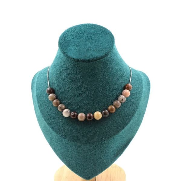 Halsband - ABIJOUX - Förstenat trä - 15 pärlor 8 mm - Inox kedja - Längd 45 cm