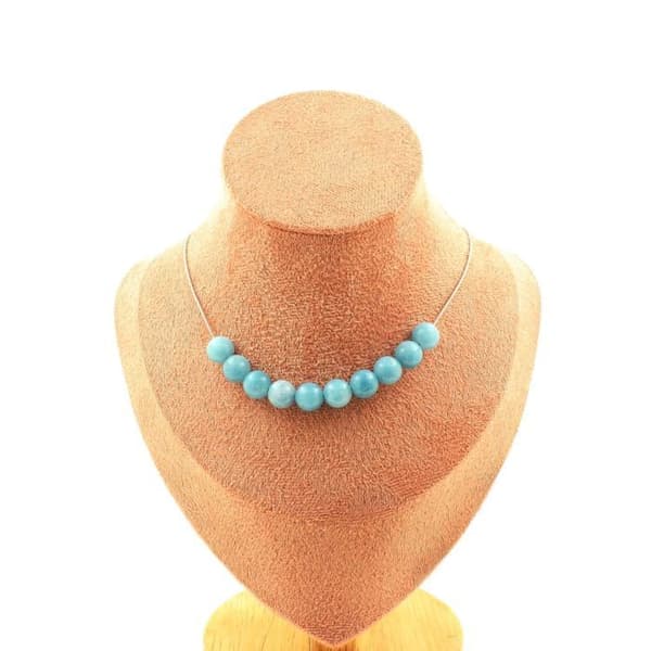 Halsband - ABIJOUX - Blå kalcedon 8 mm - Rostfritt stål - Längd 45 cm - Unisex