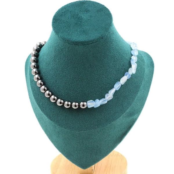 Halsband - Ett smycke - Aigue-Marine från Brasilien - Hämatit 8 mm - Rostfritt stål - 45 cm