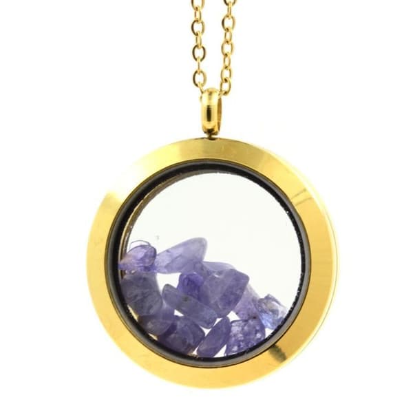 Collier - ABIJOUX - Medaillon 30 mm - Brut tanzanitkristall - Rostfritt stål - Guldad
