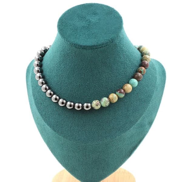 Collier - ABIJOUX - Chrysokol de Namibie 7A - Hemátite 8 mm - Rostfritt stål - Anpassningsbar längd