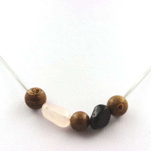 Collier - ABIJOUX - Perles trä 8 mm - Tourmalin Schorl - Rosenkvarts - Rostfritt stål