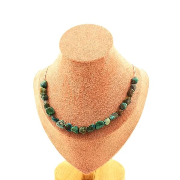Stenar och mineraler. Halsband med 20 Chrysocolla pärlor från USA. Rostfri kedja Halsband för kvinnor, män. Anpassningsbar storlek