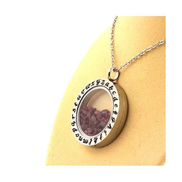 Collier - ABIJOUX - Modell Alphabet - Rå rubin - Rostfritt stål - Flytande glas