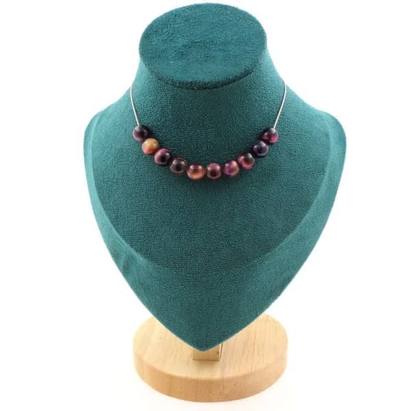 Halsband i stenar - ABIJOUX - Bicolor lila tigeröga 8mm - Rostfritt stål - 45cm