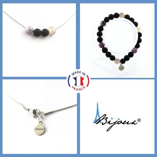 Stenar och mineraler. Armband Halsband Set Lila glimmerpärlor från Tanzania + Mattsvart Onyx Anpassningsbar storlek.