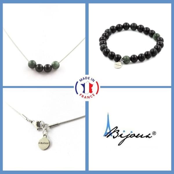 Stenar och mineraler. Armband Halsband Set Black Agate Beads + Russian Seraphinite 8 Anpassningsbar storlek.