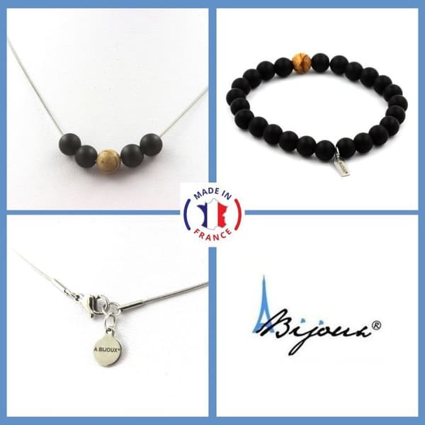 Stenar och mineraler. Armband Halsband Set Mattsvart Onyx Beads + Landscape Jaspis 8 mm. Anpassningsbar storlek.