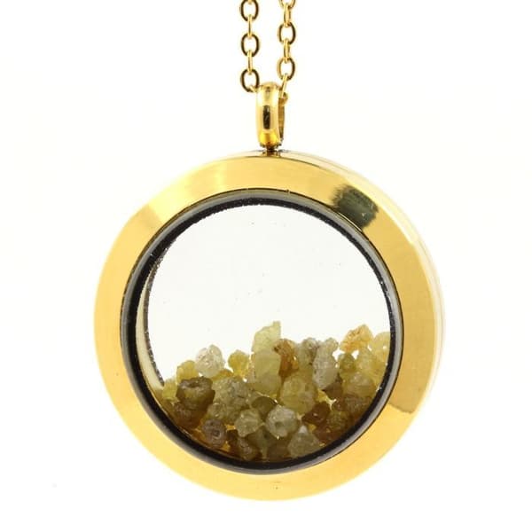 Collier - ABIJOUX - Medaillon 20 mm - Rostfritt stål - Flytande glas - Rå grön-gul diamant