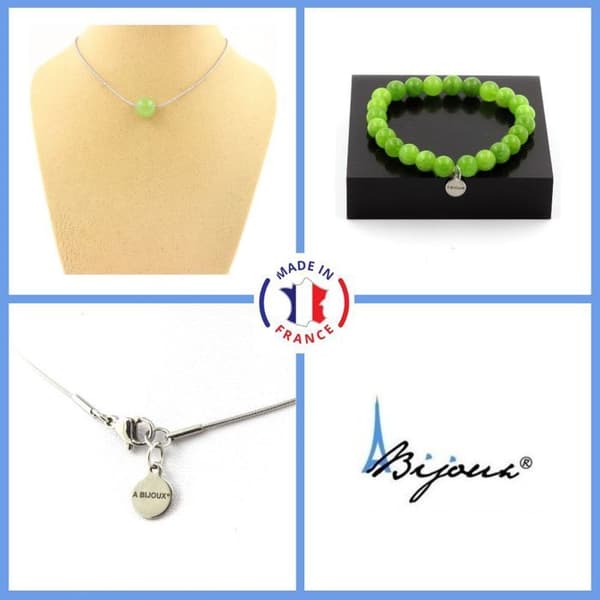 Stenar och mineraler. Armband Halsband Set 1 Peridot pärla 8 mm. Stålkedja Anpassningsbar storlek.