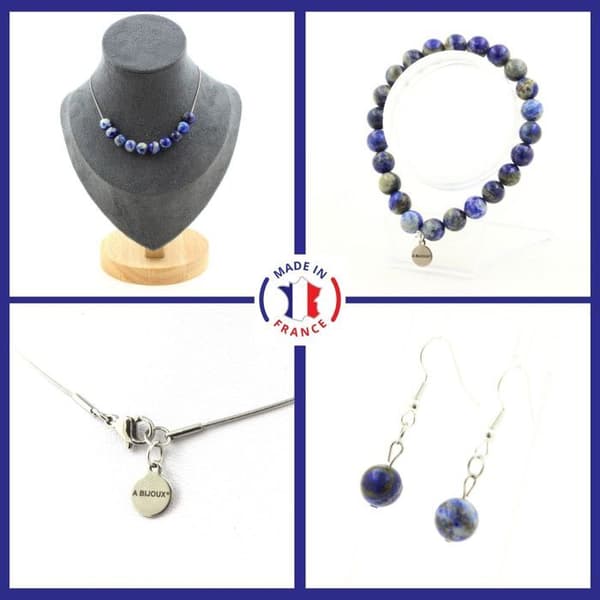 Stenar och mineraler. Armband Halsband Hänge örhängen Set 10 Lapis pärlor Anpassningsbar storlek.