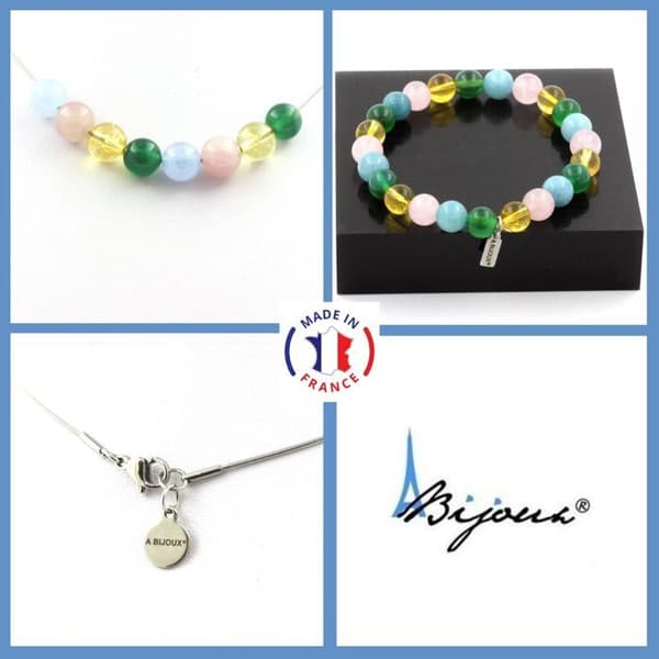 Stenar och mineraler. Akvamarin + Rosenkvarts + Agat pärlarmband Halsband Set Anpassningsbar storlek.