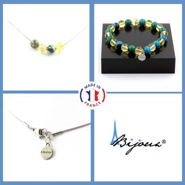 Stenar och mineraler. Namibisk Chrysocolla + Citrin Beads Armband Halsband Set 8 mm. Anpassningsbar storlek.
