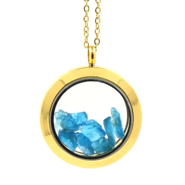 Halsband - ABIJOUX - Rå neonblå apatite - Medaillon 20 mm - Rostfritt stål - Guld