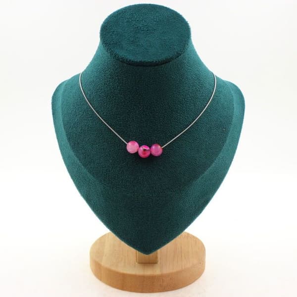 Collier - Ett smycke - Crackelerad agat fuchsia 8 mm - Kedja i rostfritt stål - Anpassningsbar längd - Unisex