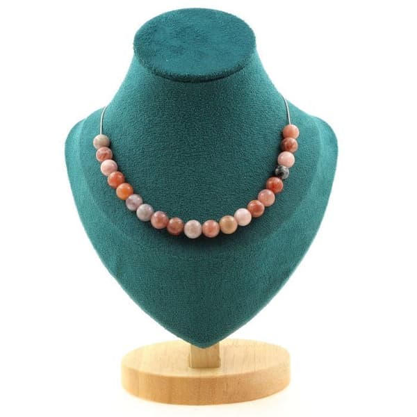 Stenar och mineraler. Halsband med 20 8 mm solstenspärlor. Kedjehalsband i rostfritt stål för kvinnor, män. Anpassad storlek