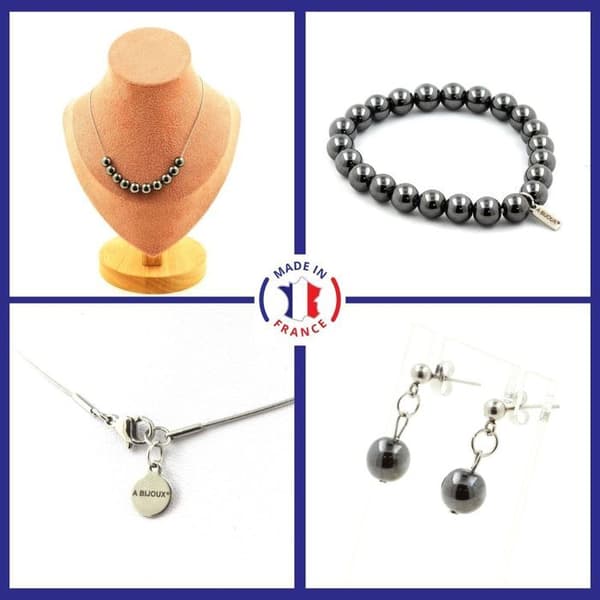 Stenar och mineraler. Set Armband Halsband Örhängen Chips 10 hematitpärlor 8 Anpassningsbar storlek.