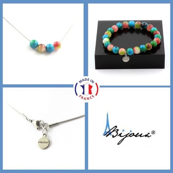 Stenar och mineraler. Armband Halsband Set 4 pärlor vattenmelon turmalin + Chrysocolla Anpassningsbar storlek.
