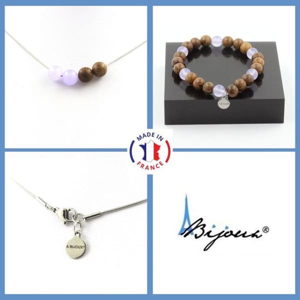 Stenar och mineraler. Lavendel Kalcedon Beads Armband Halsband Set + trä 8 mm. Kedja Anpassningsbar storlek.