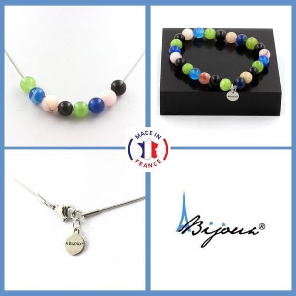 Stenar och mineraler. Armband Halsband Set Black Agate Beads + Peridot + Ribboned Agate Anpassningsbar storlek.