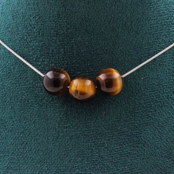 Halsband - ABIJOUX - Oeil de Tigre - 3 pärlor 10 mm - Rostfritt stål - Anpassningsbar längd