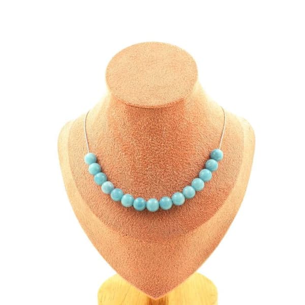 Halsband - ABIJOUX - Blå kalcedon 8mm - Kedja i rostfritt stål - Längd 45cm - Blanda