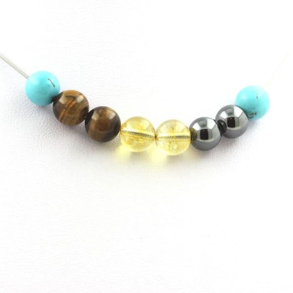 Stenar och mineraler. Hematit + Citrin + Tigeröga + Turkos 8 mm pärlhalsband Rostfri kedja.
