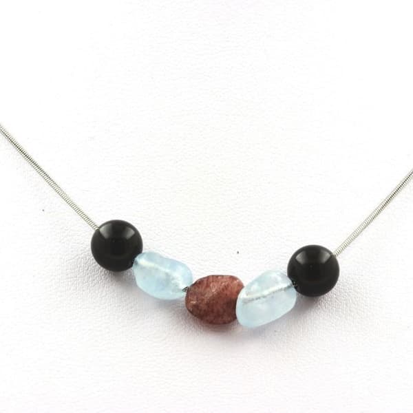 Collier - Ett smycke - Svart agat 8 mm - Akvamarin - Rubin - Rostfritt stål