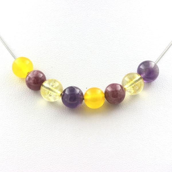 Collier - Ett smycke - Gul agate, Lepidolit, Citrin, Ametist - 8 mm - Rostfritt stål - Unisex