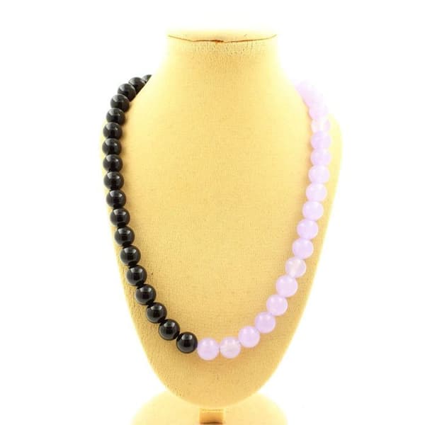 Halsband - Ett Bijoux - Lavendelkalcedon + Svart agat - Rostfritt stål - Längd 45 cm - Både för herr och dam