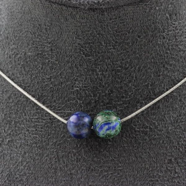 Halsband - Ett Bijoux - Azurit Krysokoll - 2 pärlor 8 mm - Rostfritt stål - Anpassningsbar längd