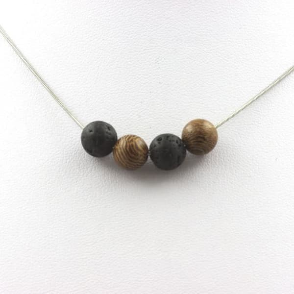 Collier - ABIJOUX - Lave + trä 8 mm - Rostfritt stål - Svart - Silverfärgad