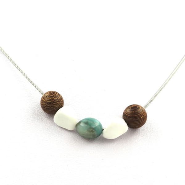 Collier - ABIJOUX - Perles av trä 8 mm - Howlite USA - Amazonit Brasilien - Rostfritt stål