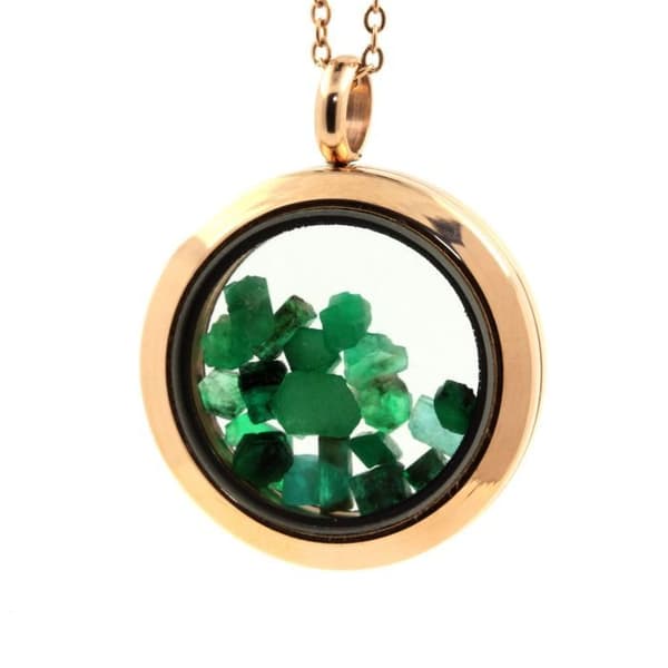 Collier - ABIJOUX - Rå emeralder - Medaillon 20 mm - Rostfritt stål - Roséguld