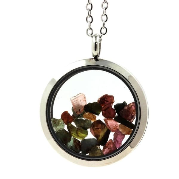 Collier - ABIJOUX - Multicolor rå turmalin - Pendentiv 30 mm - Kedja av rostfritt stål - Unisex