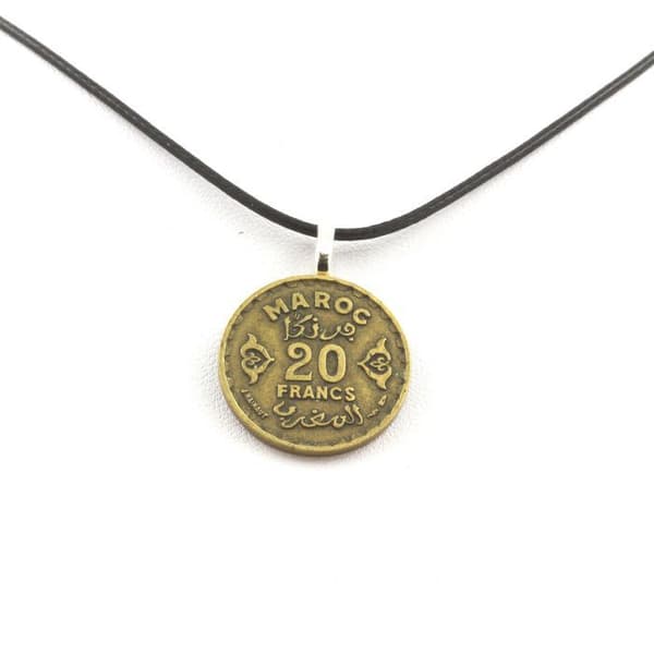Halsband i mynt - ABIJOUX - 20 franc Mohammed V - Svart läderrem - 23,5 mm - Blandet