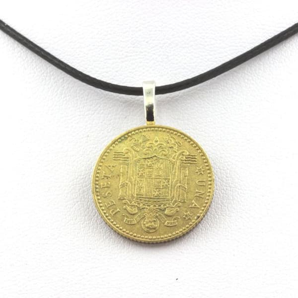 Collier - ABIJOUX - Mynt Spanien 1 peseta - Svart läderband - 21 mm - Blanda