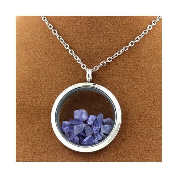 Halsband - ABIJOUX - Medaillon 20 mm - Rå tanzanitkristall - Rostfritt stål - Silverfärgad