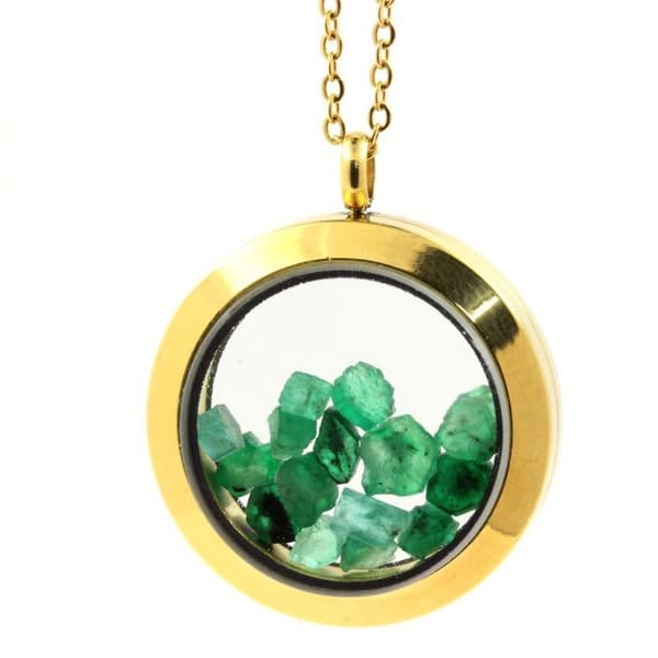 Collier - ABIJOUX - Medaillon Emerald rå 25 mm - Rostfritt stål - Guld färg - Både för män och kvinnor