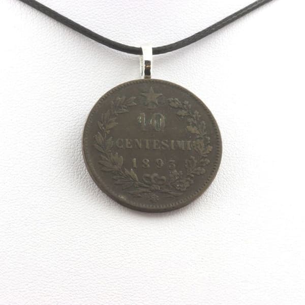 Halsband - ABIJOUX - Mynt av 10 centesimi - Svart läderrem - Dimensioner 30 mm - Längd 45-50 cm