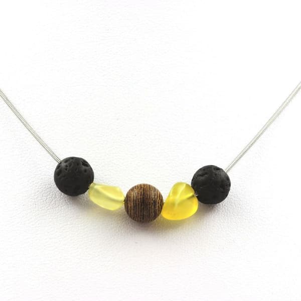 Halsband - ABIJOUX - Träpärlor 8 mm - Lava - Gul Opal - Rostfritt Stål