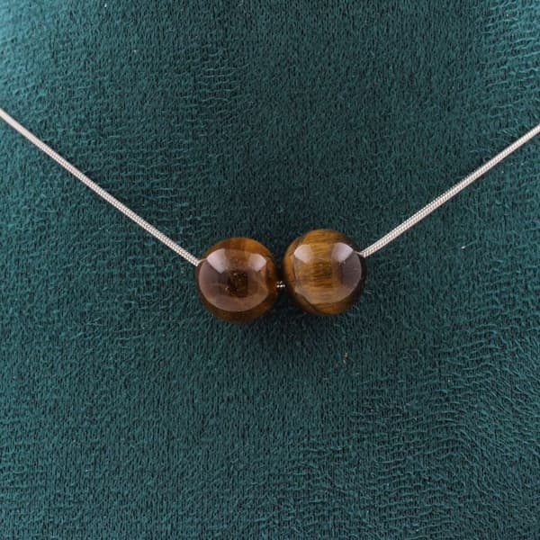 Collier - ABIJOUX - Oeil de Tigre - 2 pärlor 10 mm - Rostfritt stål - Anpassningsbar längd
