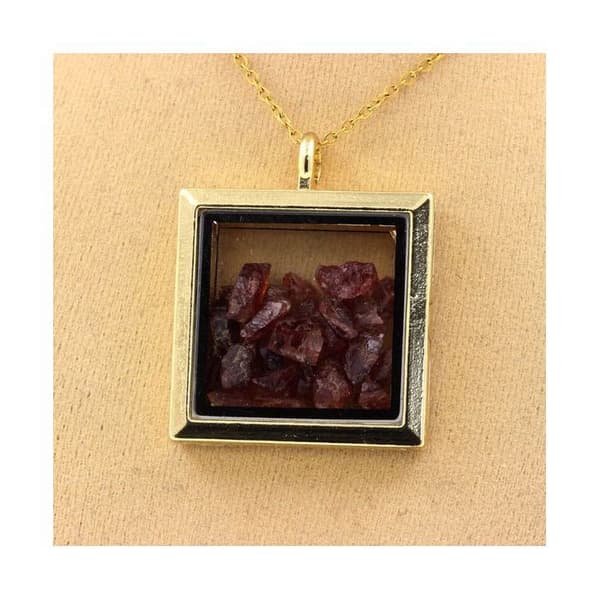 Collier - ABIJOUX - Rå Rhodolite Granat - Fyrkantig hängsmycke - Rostfritt stål - Unisex