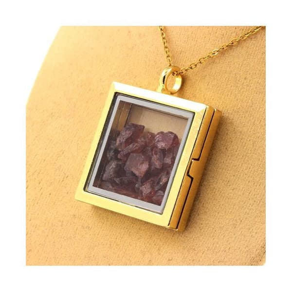 Collier - ABIJOUX - Rå Rhodolite Granat - Fyrkantig hängsmycke - Rostfritt stål - Unisex