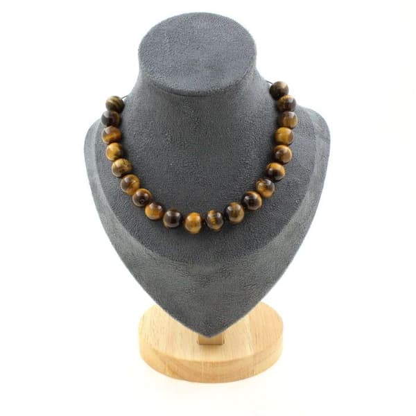Stenar och mineraler. Halsband med 20 Tiger Eye pärlor 10 mm. Rostfri kedja Halsband för kvinnor, män. Anpassningsbar storlek