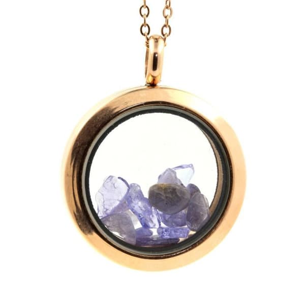 Stenar och mineraler. Rå tanzanit halsband. Medaljong modell 25 mm. Färg Rose guld.