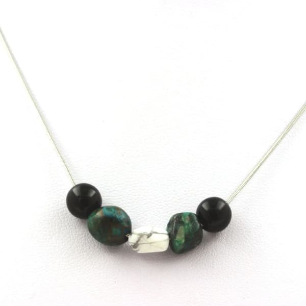 Svart Agat pärlhalsband 8 mm + Chrysocolla från USA + Howlite från USA - ABIJOUX - Halsband - Stål - Svart