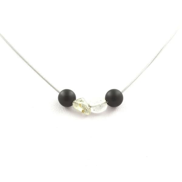 Collier - En smycke - Kvarts Turmalin rutil - Matt svart Onyxpärlor - Rostfritt stål - Unisex